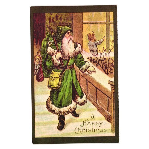 Oldtime Ecology Happy Christmas Postcard Santa In Green Coat Recycled Holiday - Picture 1 of 2